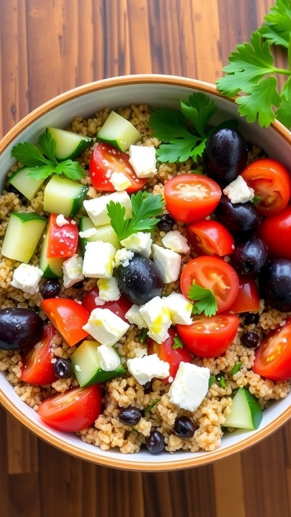 A vibrant quinoa bowl with Greek salad ingredients: cucumbers, tomatoes, olives, feta, and parsley on a wooden table.